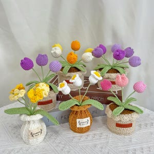 May include: A selection of handmade crochet flower arrangements in various colours, including yellow, orange, white, pink, and purple. Each flower is in a small, decorative pot with a label. The flowers are arranged on a white surface.