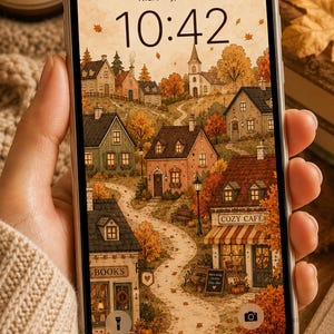 May include: A smartphone displaying a digital wallpaper of an autumn village scene with houses, trees, and winding paths. The screen shows the time 10:42, the date Thursday, 30 May, and icons for a bookstore and a cafe labeled Cozy Cafe.