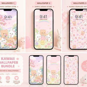 Kawaii iPhone Wallpaper Bundle | Pastel Cute Animals & Floral Aesthetic Backgrounds | Pink Soft Girl Phone Wallpapers | Lock Screen Set