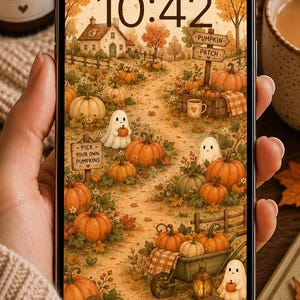 May include: A smartphone displaying a digital wallpaper of a pumpkin patch with ghosts, a house, and signs reading "PUMPKIN PATCH" and "PICK YOUR OWN PUMPKINS". The screen shows the time 10:42, the date Tuesday, 13 May, and standard interface icons.