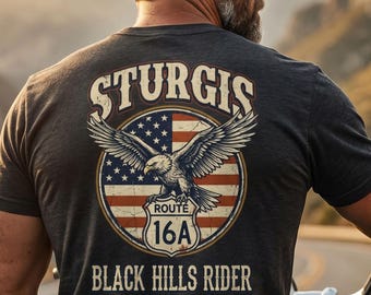 Vintage Eagle Shirt - Black Hills Rider Route 16A Tee - Retro Motorcycle Rally T-Shirt, Patriotic Biker Dad Gift, Sturgis Bike Week Apparel