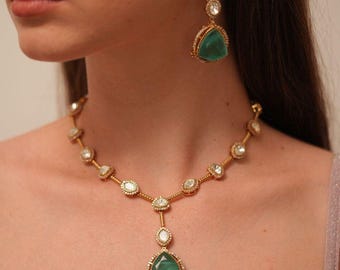 Emerald Green Kundan Jewelry Set | Gold Plated Indian Necklace Earrings