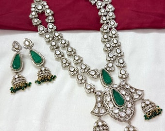 Groene Kundan-kettingset | Indiase bruidsjhumka-oorbellen | Statement trouwketting in Polki-stijl