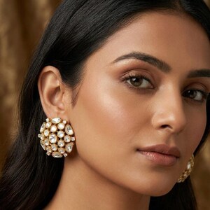 Gold Plated Kundan Stud Earrings | Handmade Indian Bridal Polki Statement Jewelry