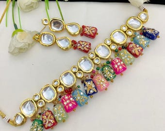 Handgemachte Kundan Choker Halsketten-Set | Indischer Hochzeitsschmuck