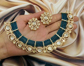 Teal Kundan Beaded Choker Necklace Set | Indian Bridal Jewelry