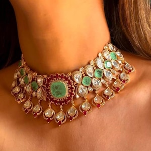 Kundan Choker Necklace • Emerald & Ruby Indian Bridal Jewelry