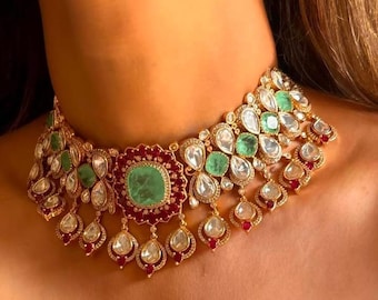 Kundan Choker Necklace • Emerald & Ruby Indian Bridal Jewelry
