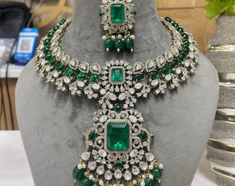 Emerald Green Kundan Choker Necklace Set | Indian Bridal Jewelry  | Polki Style Statement Necklace
