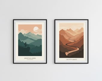 Conjunto de láminas decorativas para bicicleta de montaña / Pósteres minimalistas de paisajes / Láminas imprimibles para ciclismo de aventura / Decoración para MTB / Regalo para ciclistas al aire libre