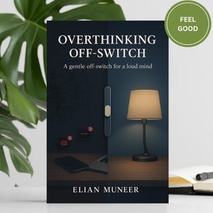 Può includere: Copertina del libro "OVERTHINKING OFF-SWITCH" con il sottotitolo "A gentle off-switch for a loud mind". Il design è diviso, con uno sfondo scuro e astratto e una lampada accesa. Autore: ELIAN MUNEER.