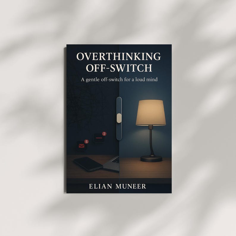 Pu&ograve; includere: Copertina di un libro con il titolo "OVERTHINKING OFF-SWITCH" e il sottotitolo "A gentle off-switch for a loud mind." La copertina presenta un design diviso, con un lato scuro che mostra un laptop e un telefono, e un lato illuminato con una lampada. Il nome dell'autore, ELIAN MUNEER, &egrave; in basso.