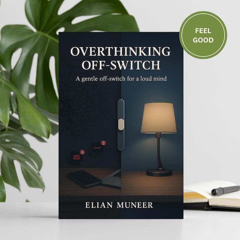 Pu&ograve; includere: Copertina del libro "OVERTHINKING OFF-SWITCH" con il sottotitolo "A gentle off-switch for a loud mind". Il design &egrave; diviso, con uno sfondo scuro e astratto e una lampada accesa. Autore: ELIAN MUNEER.