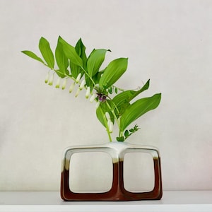 Peut inclure: Un vase moderne bicolore de forme carrée, contenant un arrangement floral. Le vase est blanc en haut, passant à une teinte marron à la base. L'arrangement présente des feuilles vertes vives et des fleurs blanches et violettes.