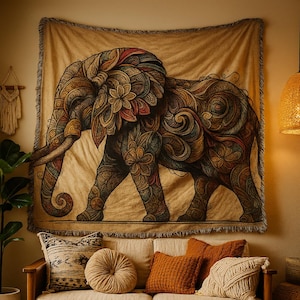 Boho Elephant Tapestry: Woven Mandala Throw Blanket, Coastal Decor