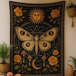 Celestial Moth Tapestry: Boho Sun, Moon, and Botanical Wall Hanging