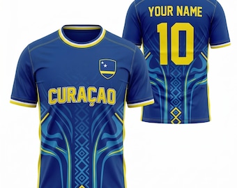 Custom Curacao Jersey Shirt Personalized Name and Number, Blue Yellow Soccer Fan Tee, Caribbean Football Gift Unisex V Neck Shirt