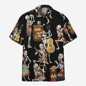 Koszula hawajska Skeleton Mariachi, zapinana na guziki na Dzień Zmarłych, czarna koszula na imprezę Aloha, nadruk z czaszkami gitar i perkusji, prezent dla obu płci na Halloween