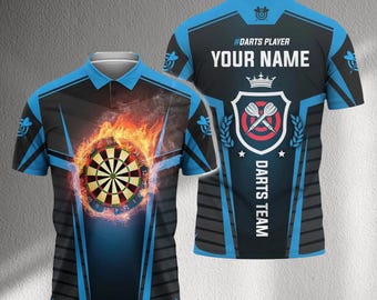 Polo de dardos personalizado, camiseta de equipo con nombre personalizado, diseño de diana en llamas, camiseta de rendimiento unisex para la liga de jugadores de dardos.
