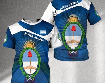 Aangepaste T-shirt Argentinië Crest, gepersonaliseerde naam blauw witte trui, uniseks T-shirt nationale voetbalfan, Argentijnse vlag cadeau top voor mannen vrouwen
