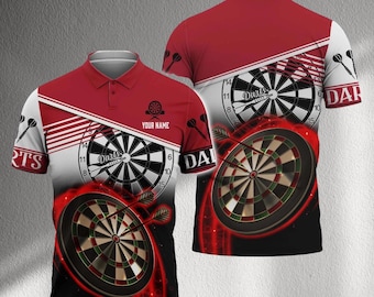 Polo de dardos rojo y blanco personalizado, camiseta de jugador de dardos con nombre personalizado, estampado de tablero de dardos en 3D, camiseta unisex de regalo para equipos de torneo.