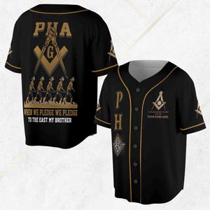 Aangepast PHA vrijmetselaarshonkbalshirt: zwart en goud gepersonaliseerd vrijmetselaarscadeau