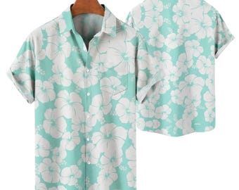 Camisa hawaiana de hibisco verde menta para hombre, camisa floral tropical con botones, regalo Aloha para vacaciones en la playa para esposo, camisa para resort o campamento