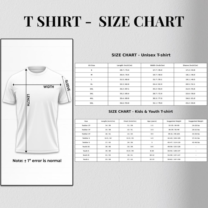 May include: A white t-shirt with length, width, and sleeve measurements, and a size chart for unisex and kids' t-shirts. The chart includes US sizes, measurements in inches and centimeters, and suggested weights.
