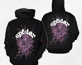 Black Spider Web Hoodie with sp5der Text, Unisex Streetwear Pullover, Front and Back Pink Web Graphic, Cozy Kangaroo Pocket, Goth Y2K Gift