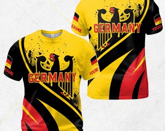 ドイツ国旗イーグルTシャツ、カスタムネームユニセックスジャージ、ブラックレッドイエロースポーツウェア、ドイツサッカーファンギフト、パーソナライズプライドTシャツ