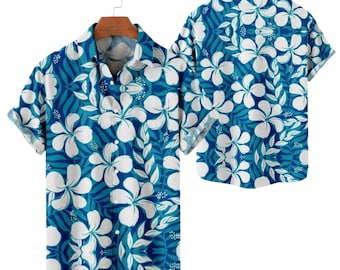 Camisa hawaiana azul con estampado floral para hombre, estilo tropical Aloha, ideal para vacaciones en la playa, verano y resorts, con estampado de hibisco. Regalo perfecto para él.