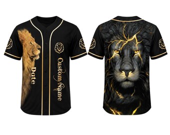 Camiseta de béisbol personalizada con el león, nombre y fecha personalizados, color negro y dorado, regalo unisex.