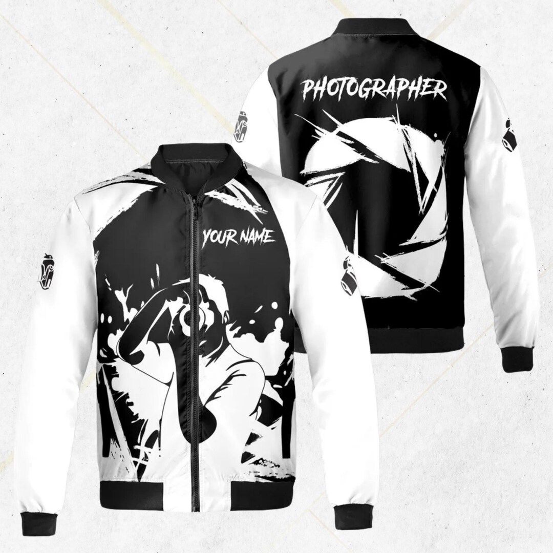 Photographer Bomber Jacket, Black White Zip up With Camera Aperture ...