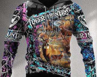Hirsch Jagd Hoodie für Männer Frauen, Buck Camo 3D All Over Print Pullover, Rustikales Wildtier Hirsch Jäger Sweatshirt, Outdoor Geschenk, Jäger Geschenk