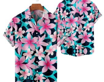Camisa hawaiana rosa con estampado floral tropical, camisa abotonada Aloha color turquesa para hombre, camisa para vacaciones de verano en la playa o campamento, regalo para él en un crucero o resort.