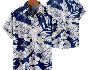 Camisa hawaiana floral azul y blanca, camisa tropical abotonada, top para vacaciones en la playa, regalo de verano para hombres, camisa hawaiana informal unisex.