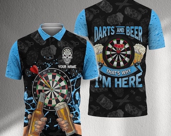 Polo personalizado de dardos y cerveza con nombre, camiseta divertida de pub con tablero de dardos, regalo personalizado de la liga de bar para jugadores de dardos y amantes de la cerveza.