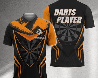 Polo de dardos personalizado, camiseta de dardos con nombre personalizado, camiseta de dardos naranja y negra, regalo para jugadores de torneos de liga.