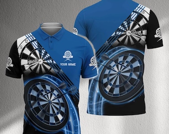 Polo de dardos personalizado, camiseta de dardos con nombre personalizado para hombre y mujer, uniforme de equipo de liga de barras azul y negro, regalo para jugadores de torneos.