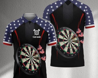 Polo de dardos personalizado con nombre, camiseta de dardos con la bandera estadounidense, camiseta personalizada del equipo de dardos de EE. UU. para jugadores de liga y torneos.