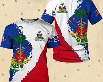 Haitian Flag T-Shirt – Personalized Haiti Pride Shirt with Coat of Arms – Custom Name Tee