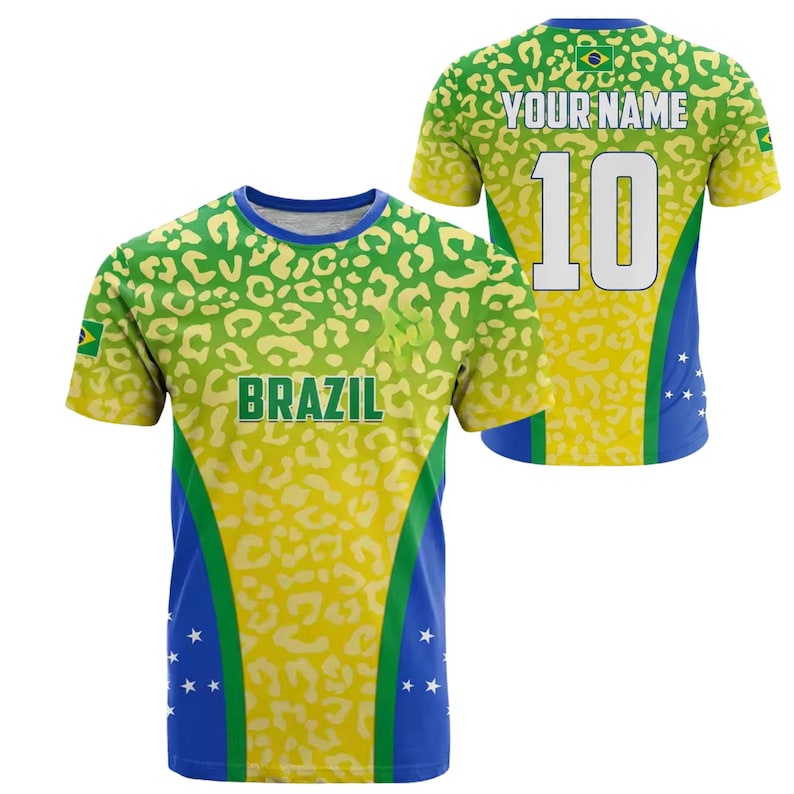 Personalized Brazil Soccer Jersey Shirt, Custom Name Number Brazil Fan Tee, Green Yellow Blue Football Supporter Shirt for Fans Gift image 1