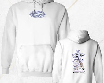 Olivia Rodrigo SOUR Hoodie, Unisex Vit Tröja med Olivia-logotyp framtill och baktill Good 4 U Collage Graphic, Mysig Estetisk Fantröja