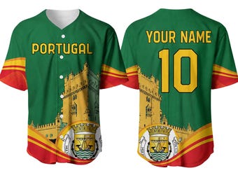 Camiseta de béisbol de Portugal personalizada, nombre y número a medida, regalo unisex para celebrar el orgullo portugués.