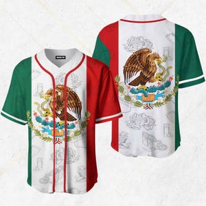 May include: Baseball jersey featuring the Mexican flag colors: green, white, and red. The front displays the Mexican coat of arms with an eagle and snake. The back of the jersey also shows the coat of arms. The jersey has a V-neck and short sleeves.