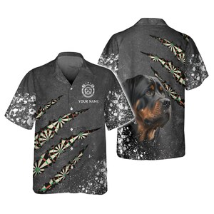 Personalized Rottweiler Darts Button Up Shirt, Custom Name Dartboard Dog Shirt, Gray Black Hawaiian Gift for Men Women Pet Lovers