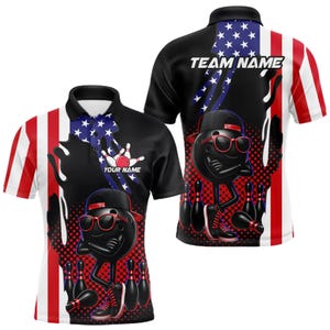 May include: Black bowling polo shirt with a cartoon bowling ball character wearing sunglasses and a cap. The shirt features the American flag design on the sides and back, with the text "TEAM NAME" and "YOUR NAME".