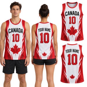 May include: A white and red basketball jersey featuring the text CANADA and the number 10 on the front, with a red maple leaf graphic. The back displays the text YOUR NAME and the number 10 with a smaller red maple leaf graphic.