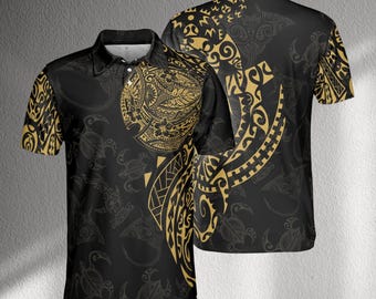 Polo tribal negro dorado para hombre, estampado de tatuaje polinesio, manga corta, informal, estilo golf, estilo jersey gráfico.