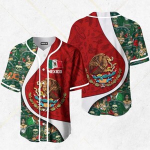 Mexikos basebolltröja – Mexikansk flagga, örn, vapensköld, Día de los Muertos-mönster, unisex matchtröja, Fiesta-presentkläder